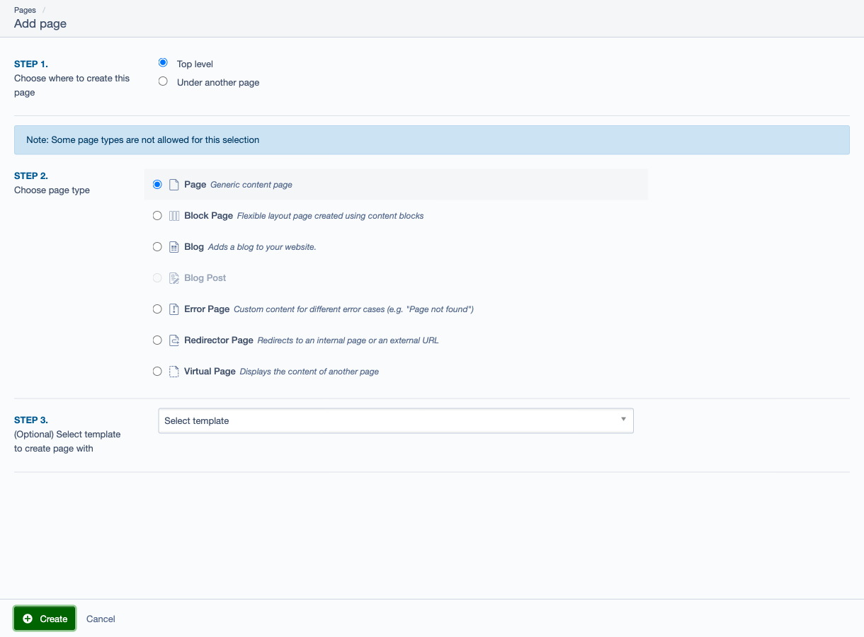 The Add page wizard (choose location and page type)