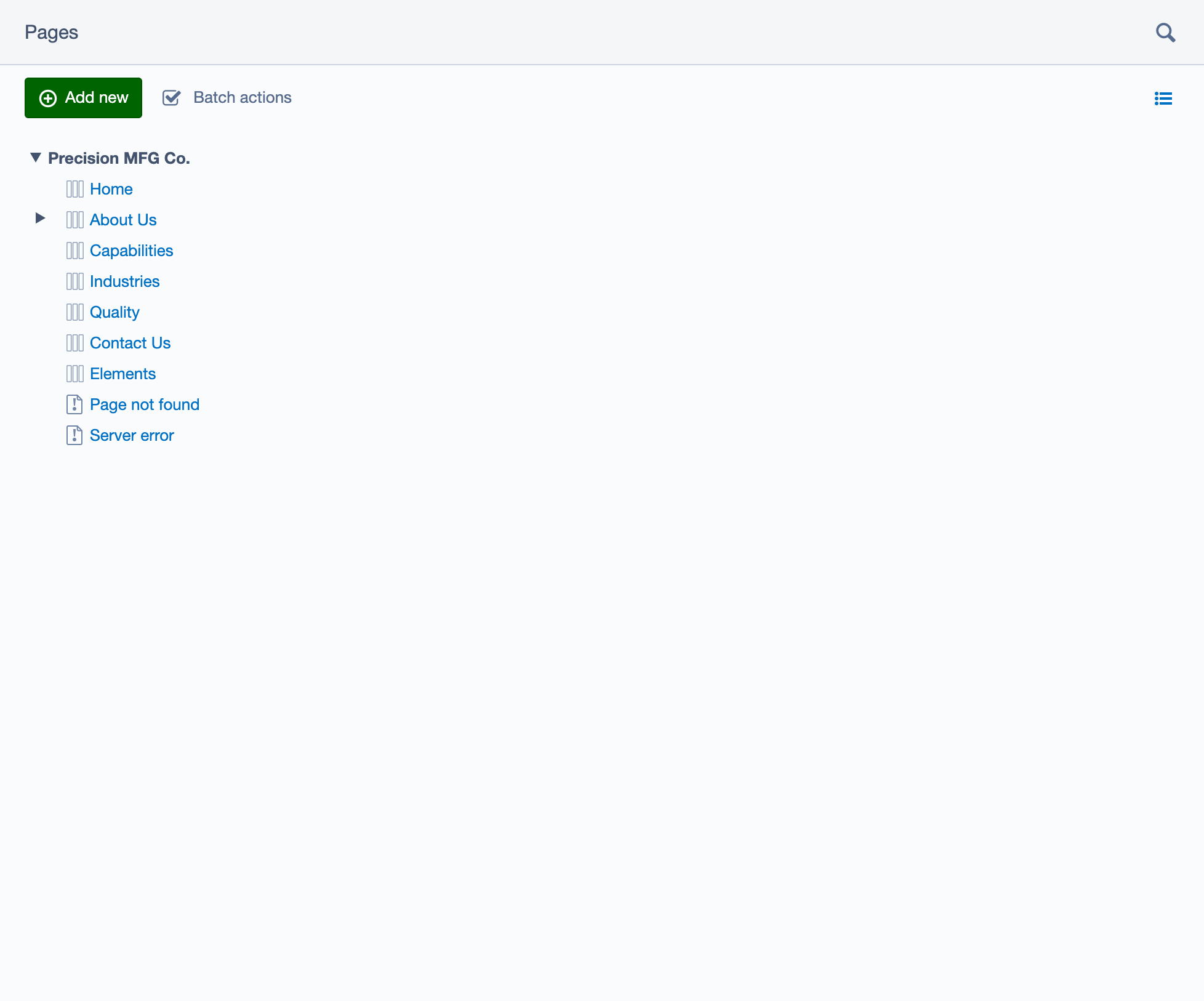 The Pages screen with the site tree