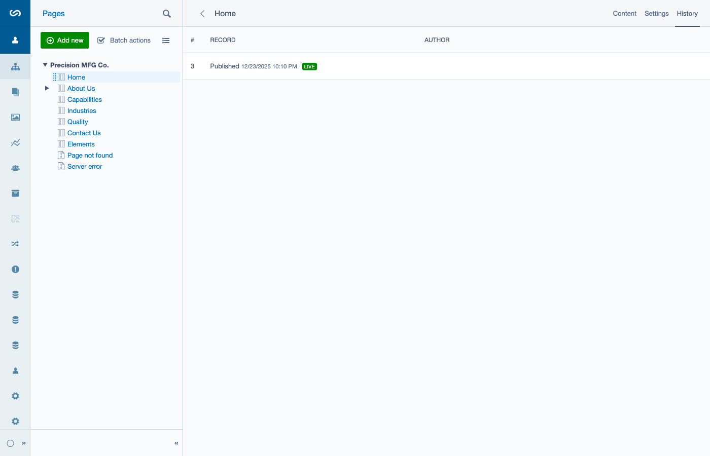 History tab showing page versions