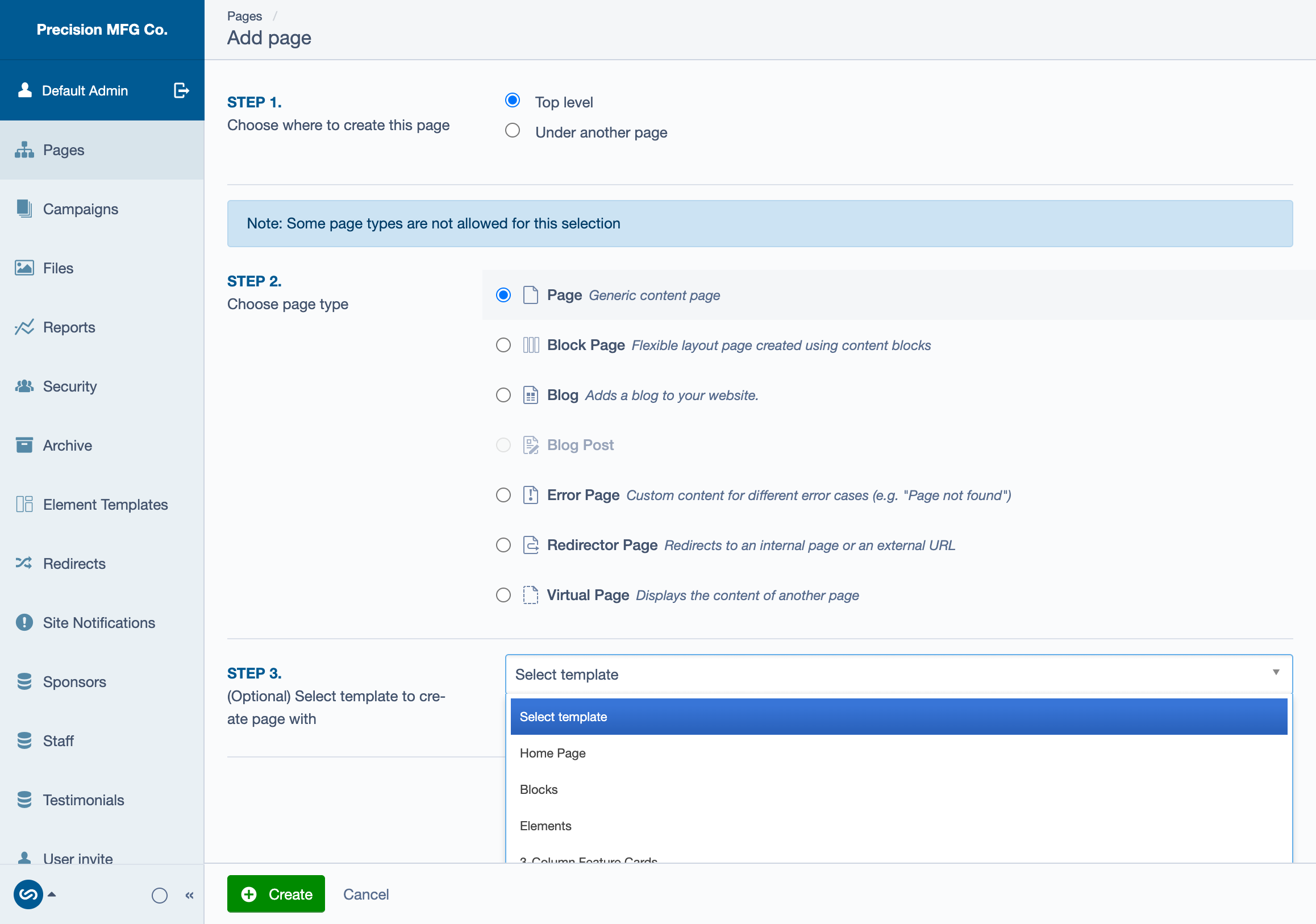 Page Creation Template Dropdown