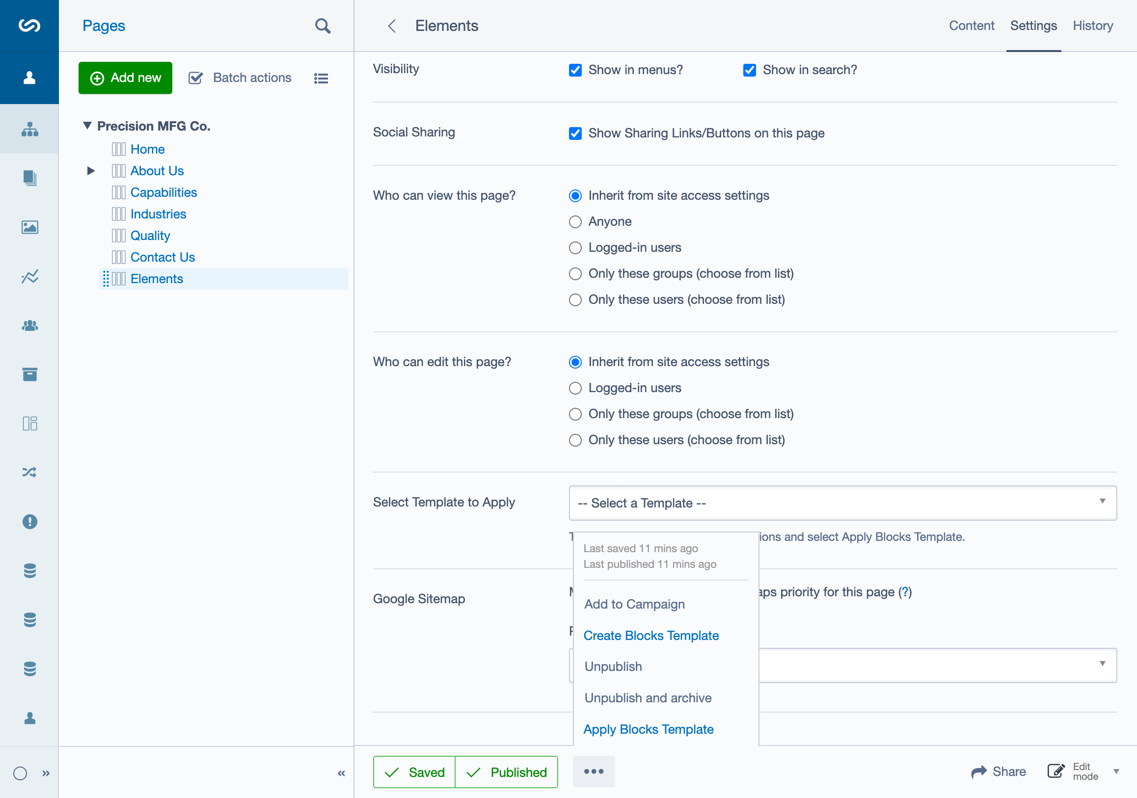 Settings Template Dropdown
