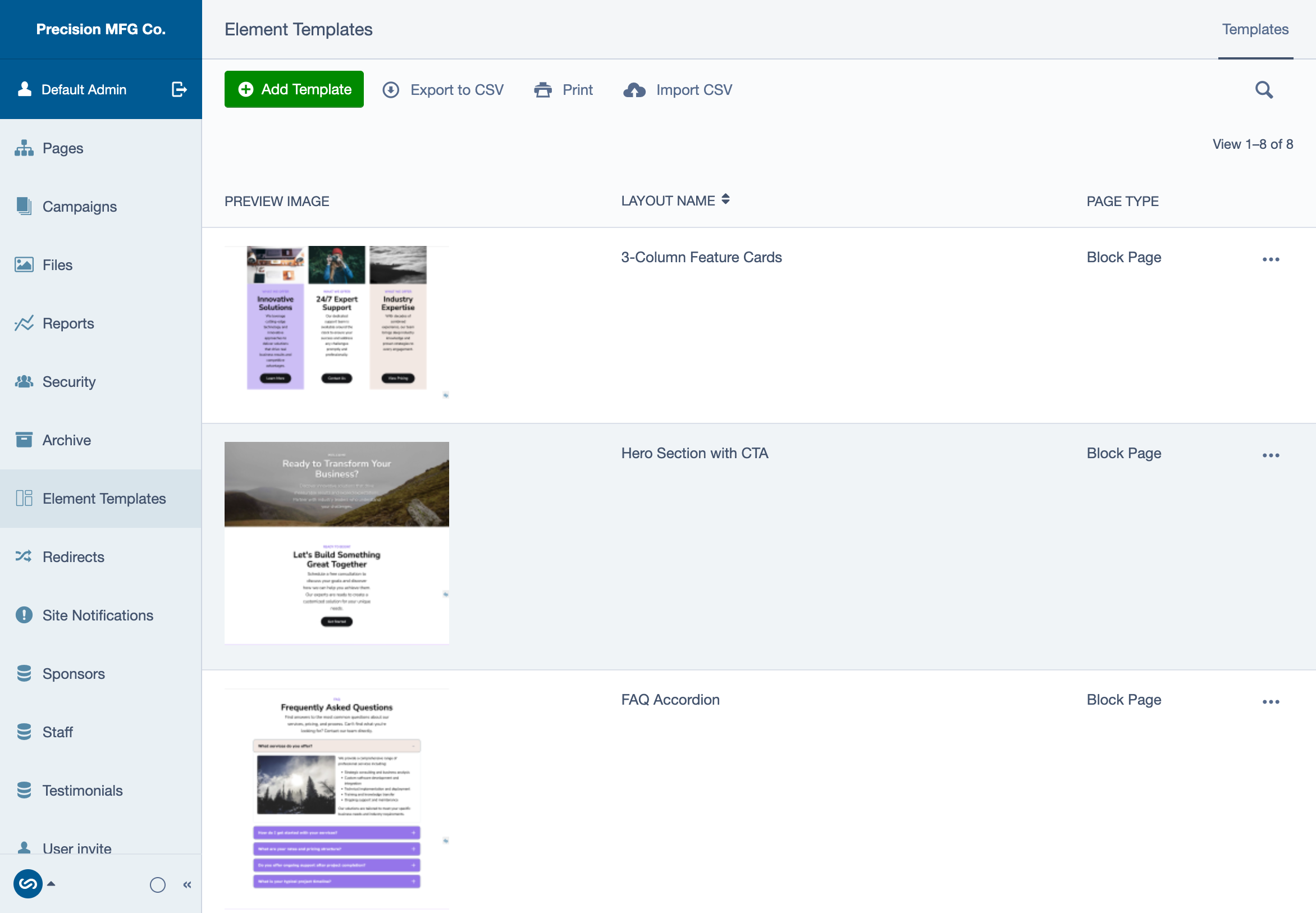 Element Templates List
